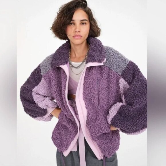 For love & Lemons Sherpa Color Block Y2k Cozy Zip Up Oversized Bomber Jacket S - Picture 1 of 12